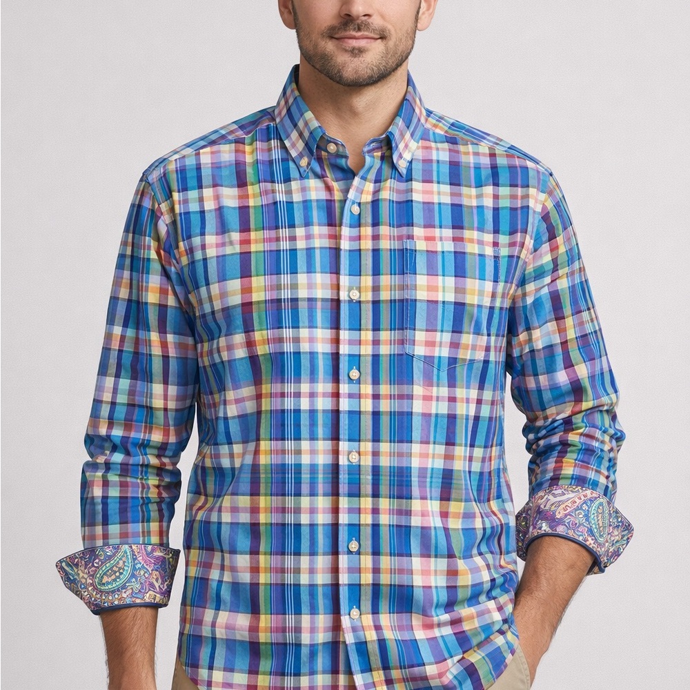 Alan Flusser Plaid Blue Long Sleeve Button Down Shirt Flip Cuff Mens (316)